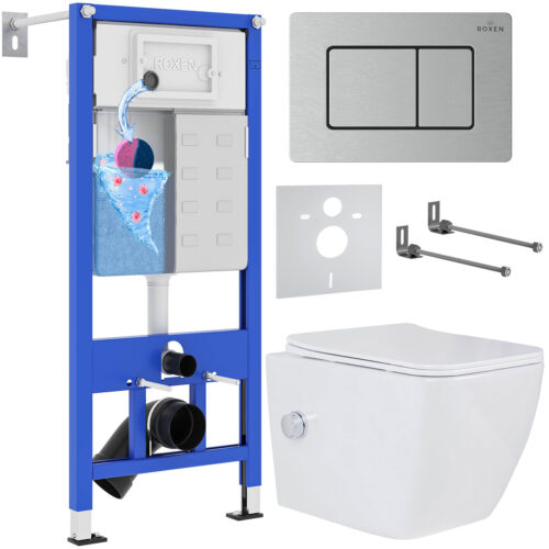 Комплект инсталляции Roxen StounFix Dual Fresh с унитазом Cube Bidet и кнопкой Steel (сатин/матовая), 968439