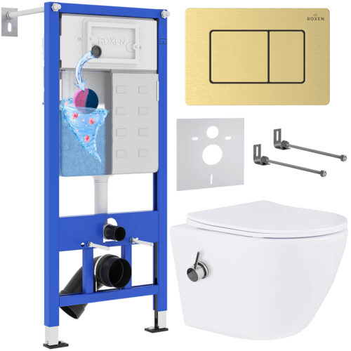 Комплект инсталляции Roxen StounFix Dual Fresh с унитазом Antares Bidet и кнопкой Steel (золото/матовая), 968457