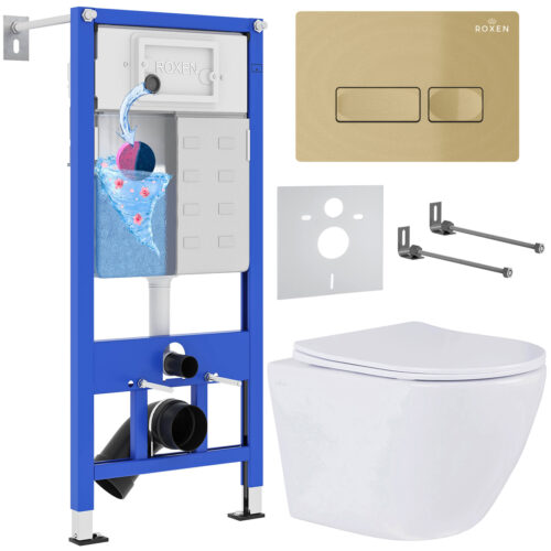 Комплект инсталляции Roxen StounFix Dual Fresh с унитазом Antares и кнопкой Caspia (золото/матовая), 968049