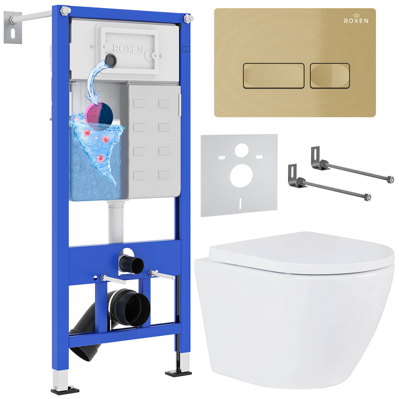 Комплект инсталляции Roxen StounFix Dual Fresh с унитазом Antares Tornado и кнопкой Caspia (золото/матовая), 968050