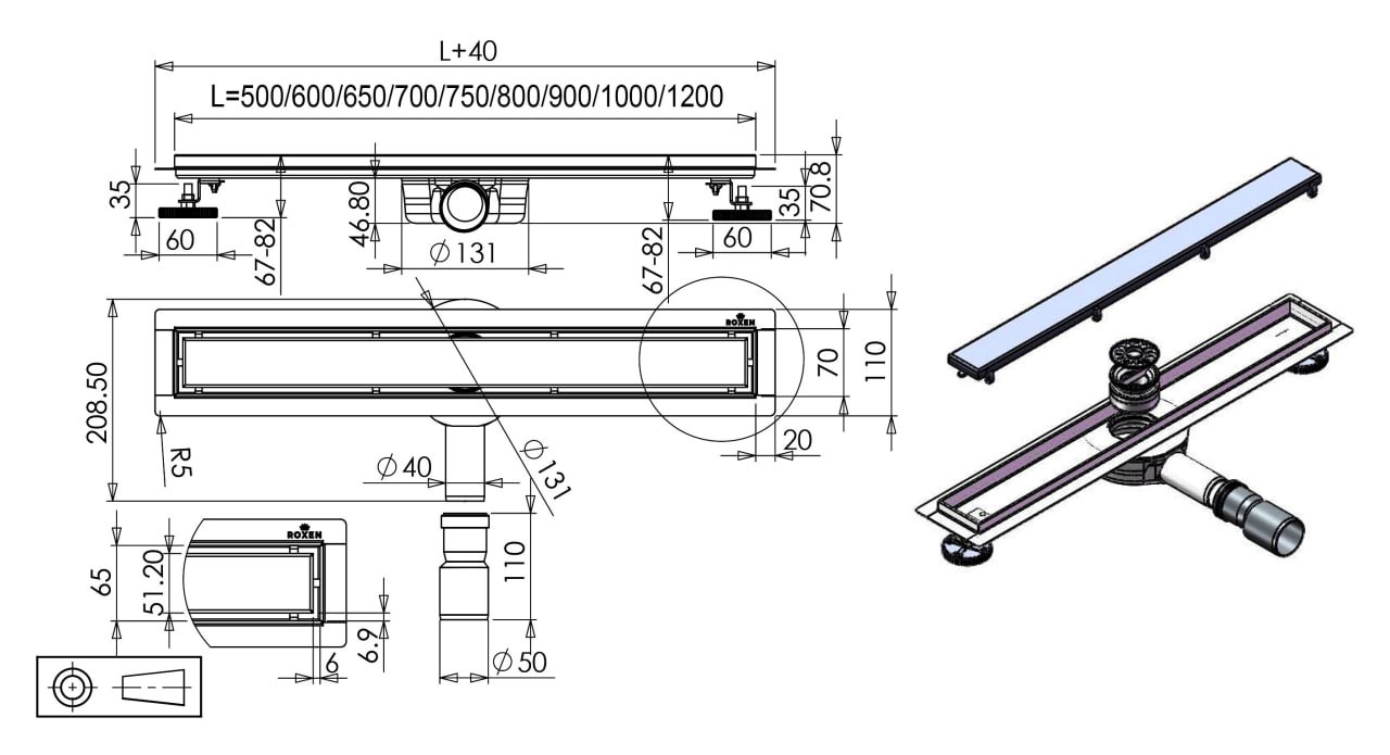 Трап для душа Roxen Supra Black 91050-65 линейный, "под плитку", 65 см — изображение 2
