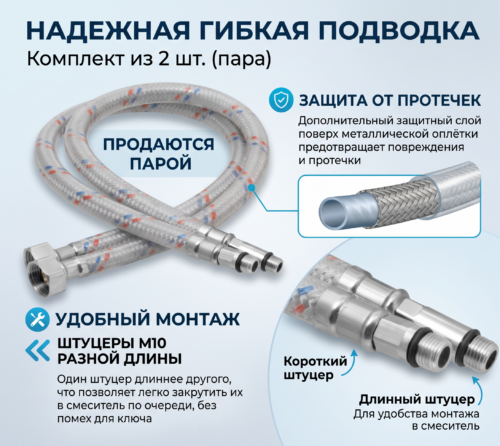 Гибкая подводка для смесителя 1/2"Г х M10 TIM C68-15 с полимерным покрытием, 150 см